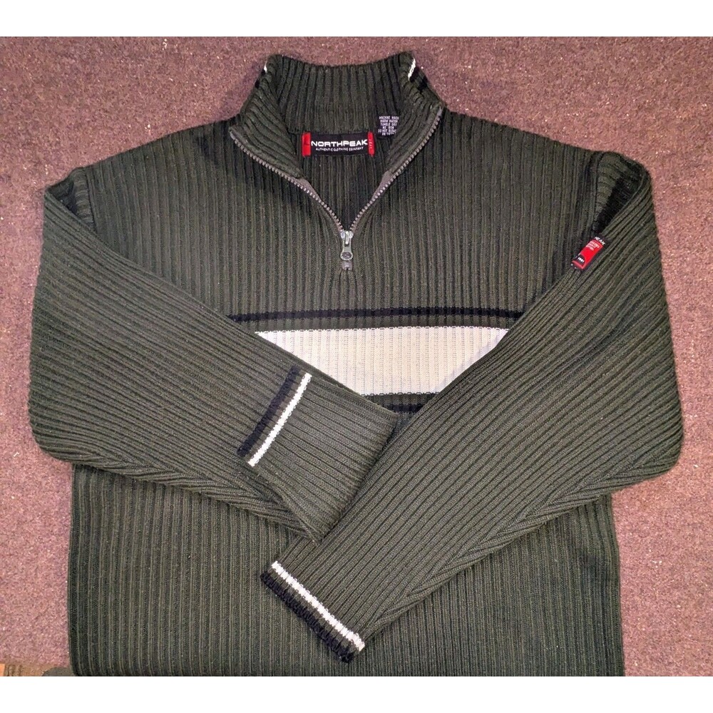Northpeak Ribbed Knit Quarter Zip Sweater Green Lg Ski  Made in Korea Vintage